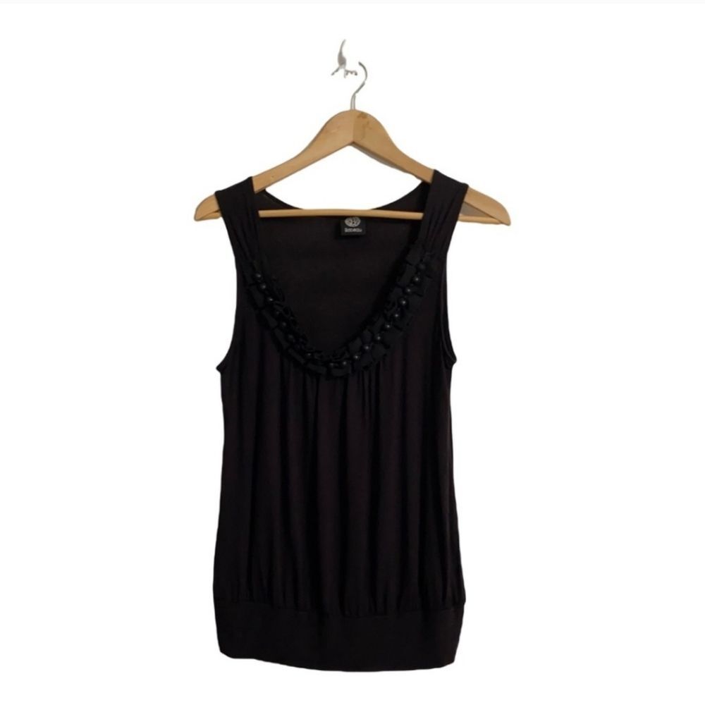 Bobeau Black Sleeveless Top Large Beads & Decorative Ruffle at Neckline Size M